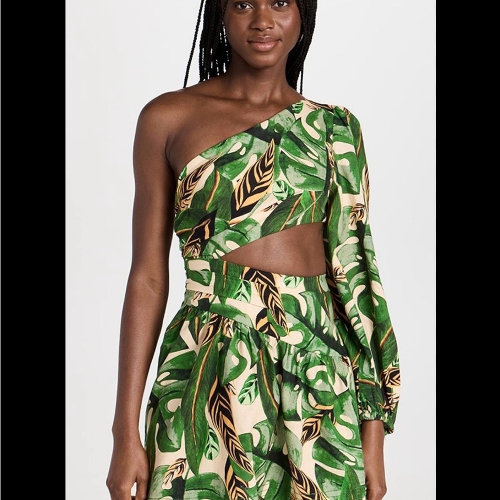 Farm Rio Tropical Leaves One-Shoulder Cutout Dress